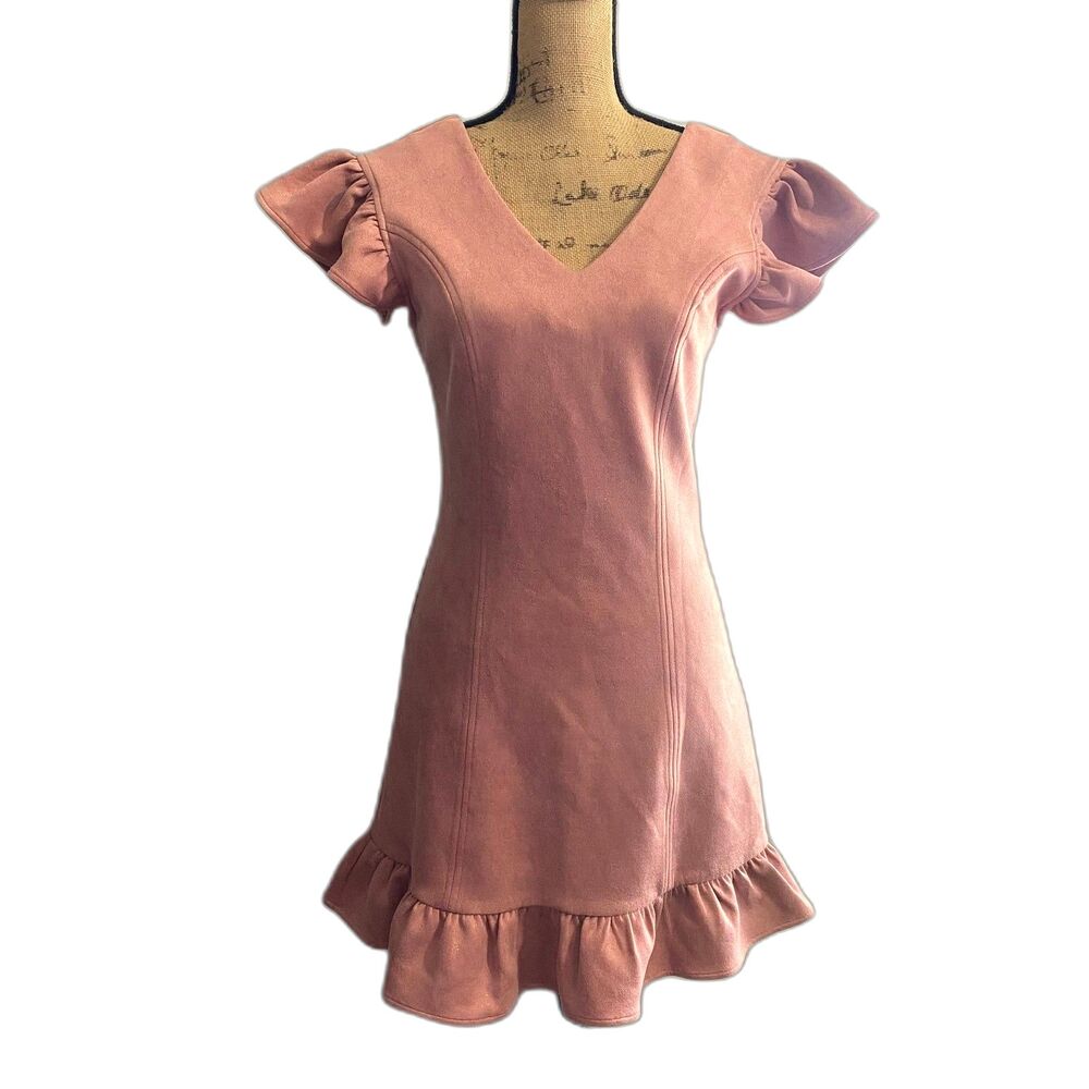 VOY‎ Flounce Hem Mini Dress Rose Pink Faux Suede Ruffle Sleeve Coquette Small